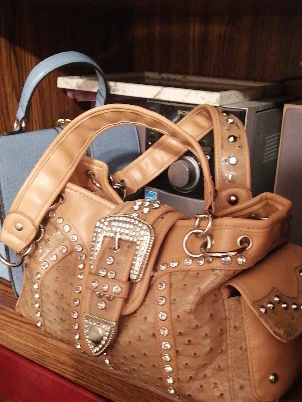 Silverake Ostrich Embossed Vegan Leather With Sparkling Crystals ShoulderBag - Picture 13 of 13